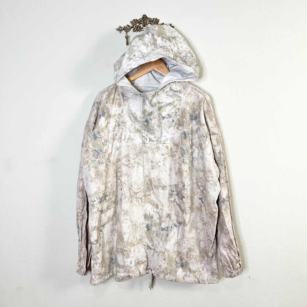 Zara Hoodie Anorak Pullover Jacket Mens XL Beige Blue Acid Wash Hooded Cotton